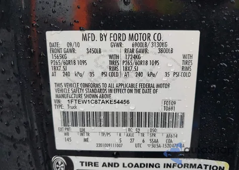 2010 Ford F-150 Fx2 Sport/Xl/Xlt из США, поврежденный, VIN 1FTEW1C87AKE54456